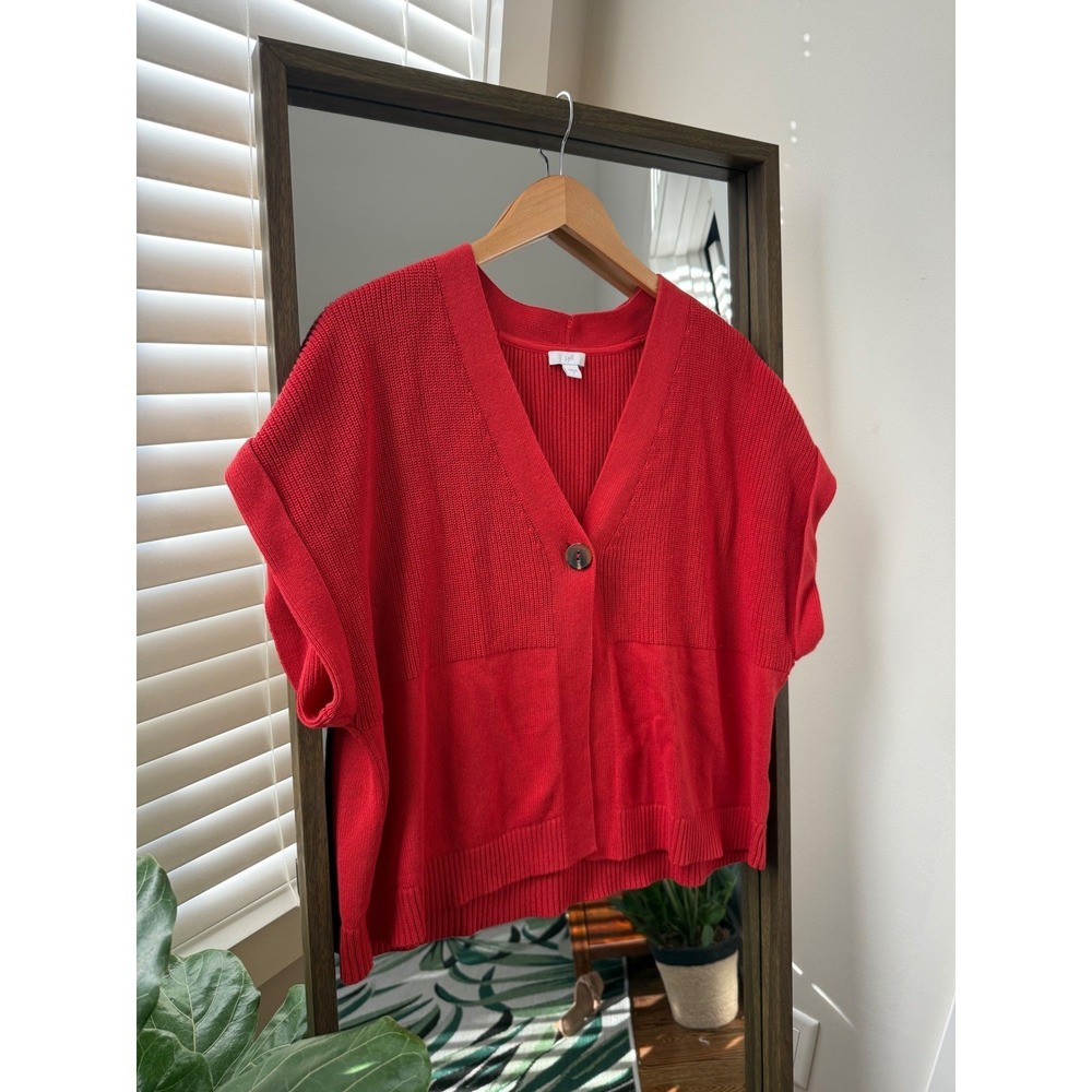 J Jill Red V Neck Short Sleeve Button Front Knit Sweater Cardigan Top S Boxy